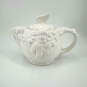 Vintage White Ceramic Cherub Angel Relief Teapot w/ Lid FWC Decorative‎